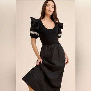 Cleobella‎ Selma Midi Dress Black Women Large Puff Sleeves Knit cottagecore boho